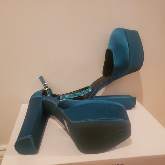 3/$24 Teal Satin Platform Block Heels - Picture 2 of 6